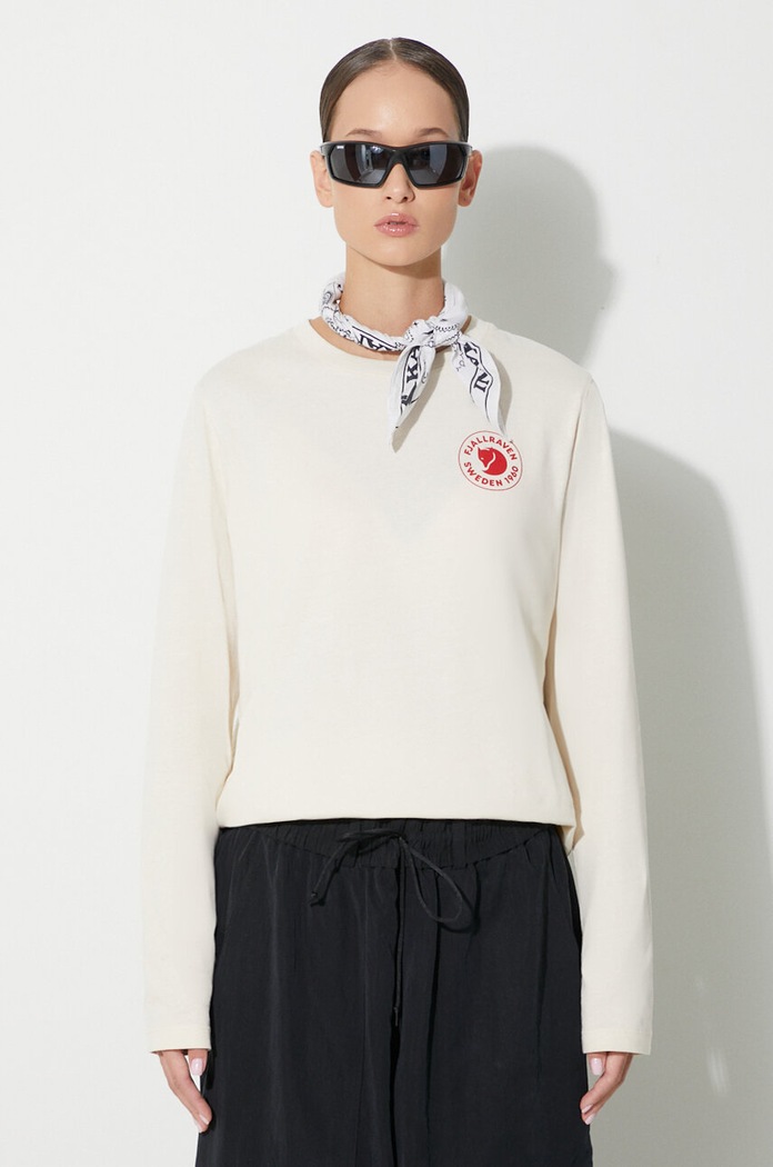 Pamučna majica dugih rukava Fjallraven 1960 Logo regular bež F86989.113