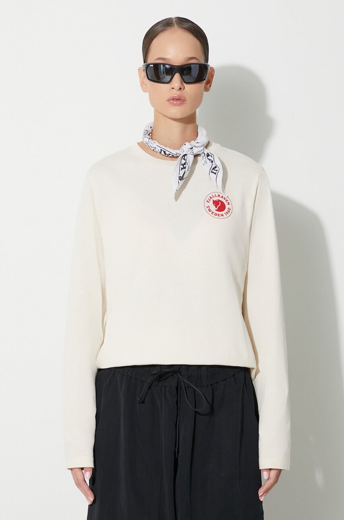Pamučna majica dugih rukava Fjallraven 1960 Logo regular bež F86989.113