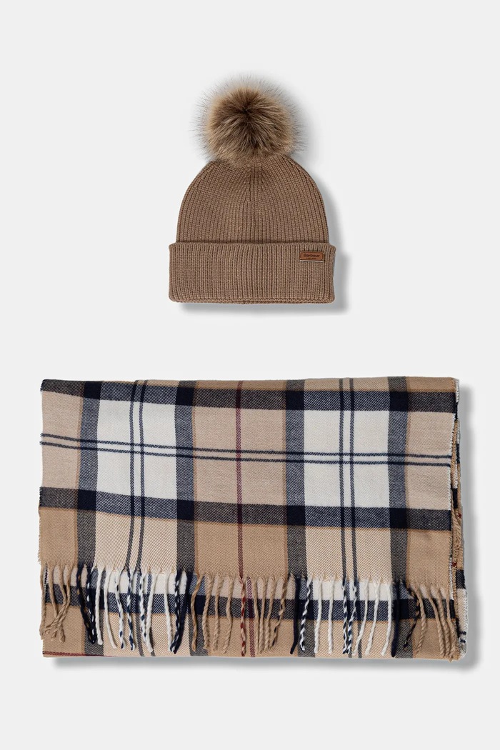 Σκούφος και κασκόλ Barbour εμπριμέ μπεζ LGS0054