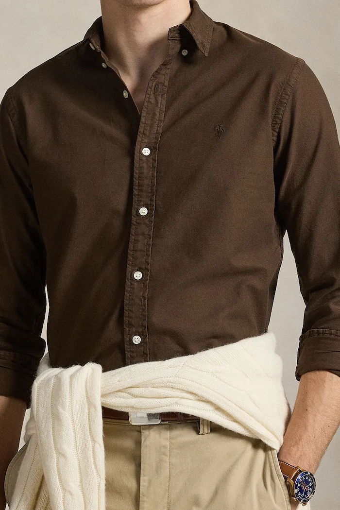 Βαμβακερό πουκάμισο Polo Ralph Lauren καφέ 710804257