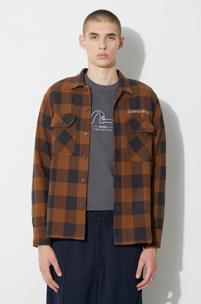 Βαμβακερό πουκάμισο Universal Works L/S Utility Shirt κανονικό καφέ 29177
