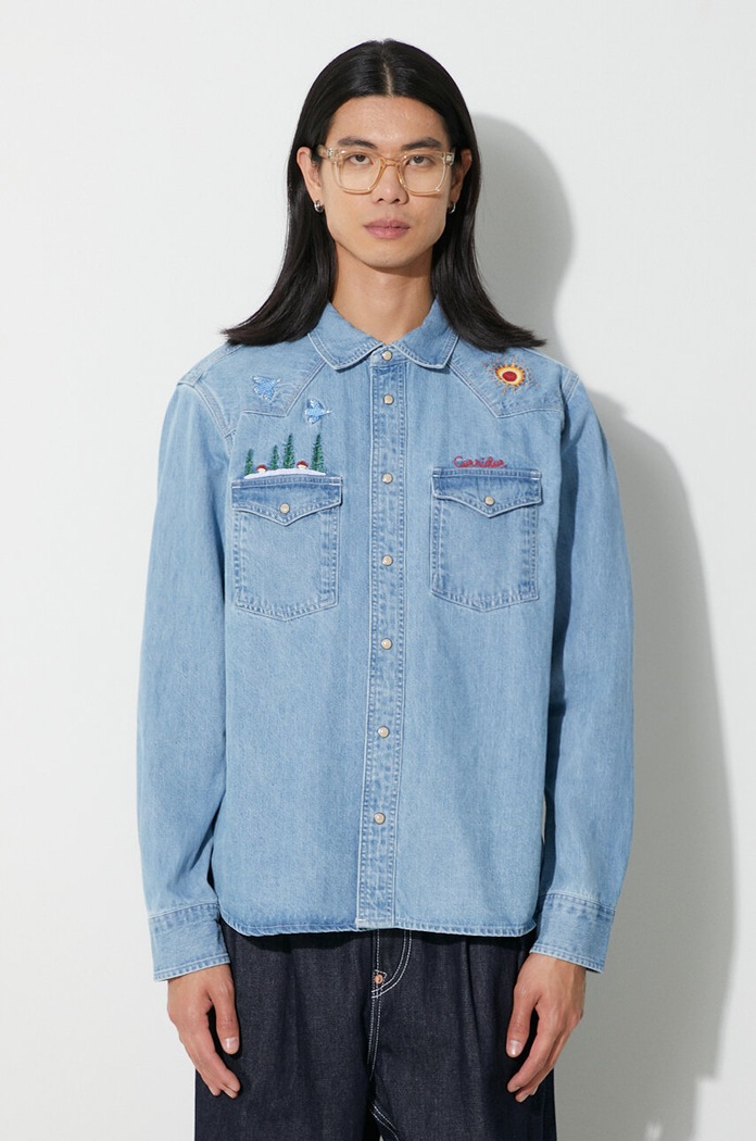 Corridor denim shirt Mountain Embroidery Western regular blue WT0067