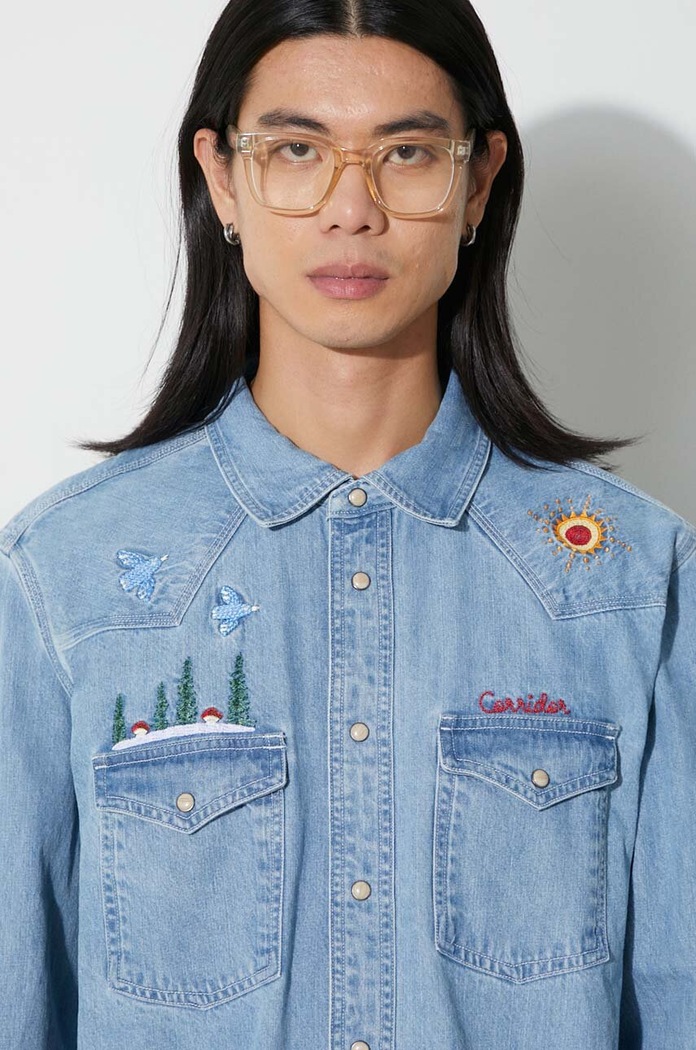 Corridor denim shirt Mountain Embroidery Western WT0067 blue