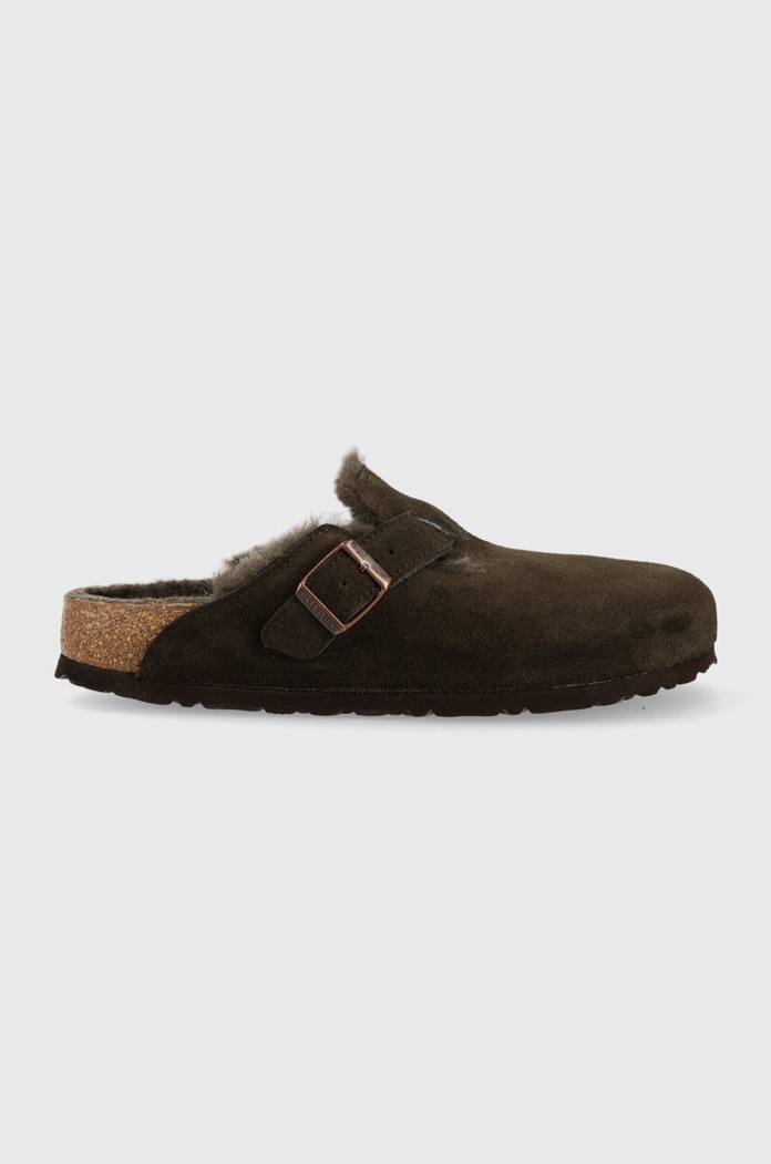 Birkenstock klapki zamszowe Boston FUR płaski brązowy 1020529