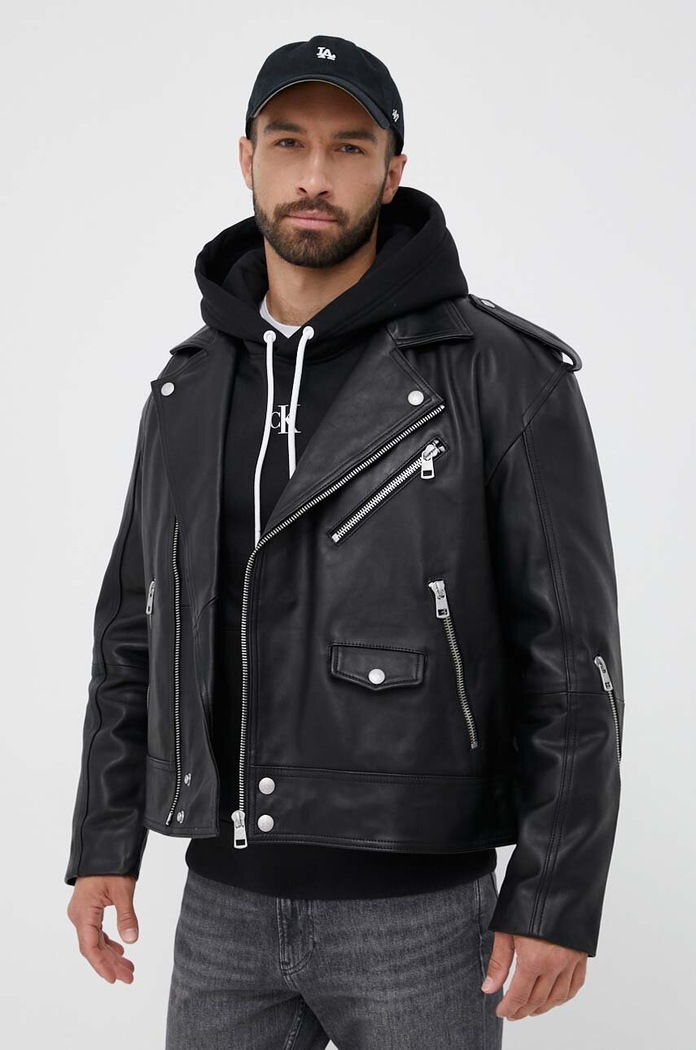 Calvin Klein Jeans ramoneska skórzana bez kaptura czarny J30J323398