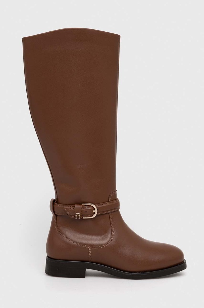 Δερμάτινες μπότες Tommy Hilfiger ELEVATED ESSENT THERMO LONGBOOT φλατ καφέ FW0FW07484