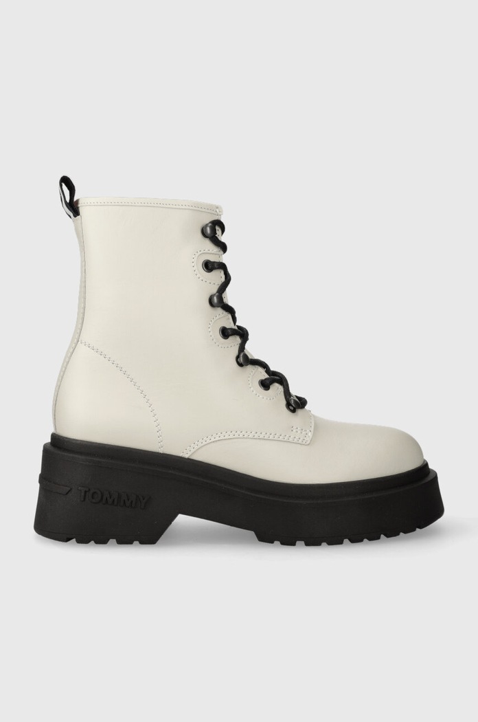 Kožne čizme Tommy Jeans TJW LACE UP BOOT CHUNKY zrnata koža bež EN0EN02404