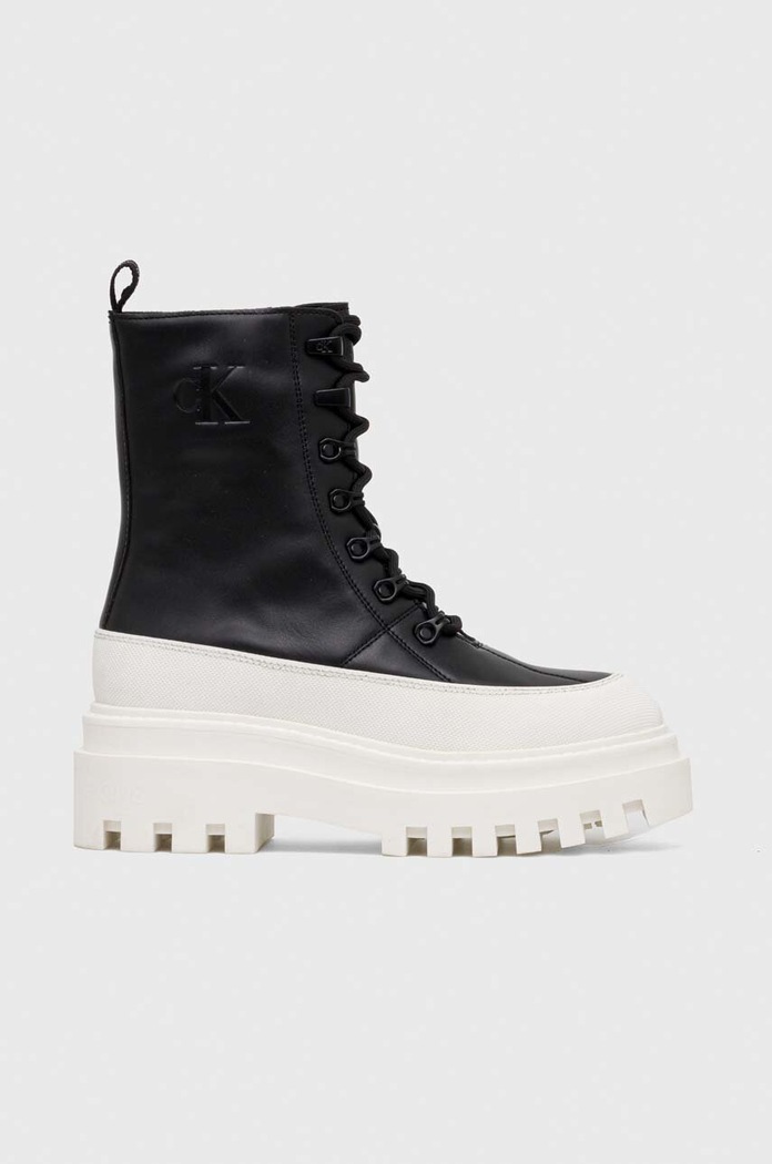 Кожени кубинки Calvin Klein Jeans FLATFORM LACE UP BOOT LTH изкуствен черен YW0YW01110