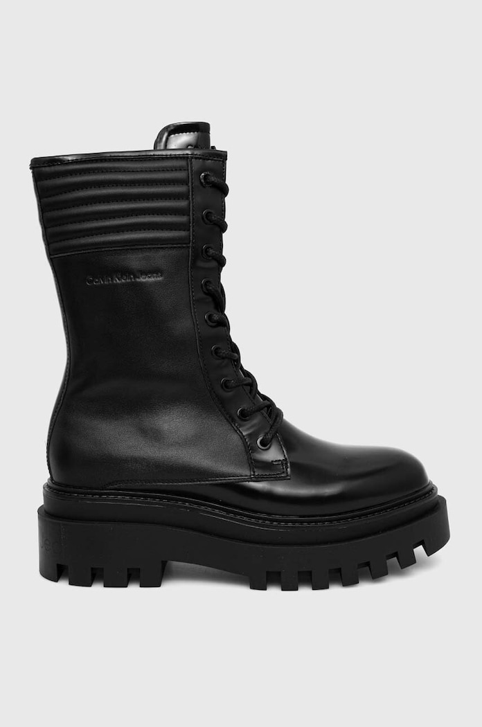 Farmářky Calvin Klein Jeans FLATFORM KNEE BOOT LACEUP LTH WN nezateplené černá YW0YW01137