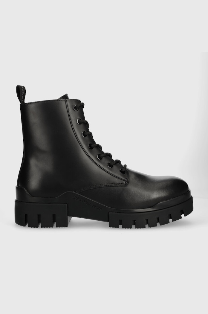 Kožené boty Calvin Klein Jeans TRANSP COMBAT MID LACEUP LTH casual černá YM0YM00755