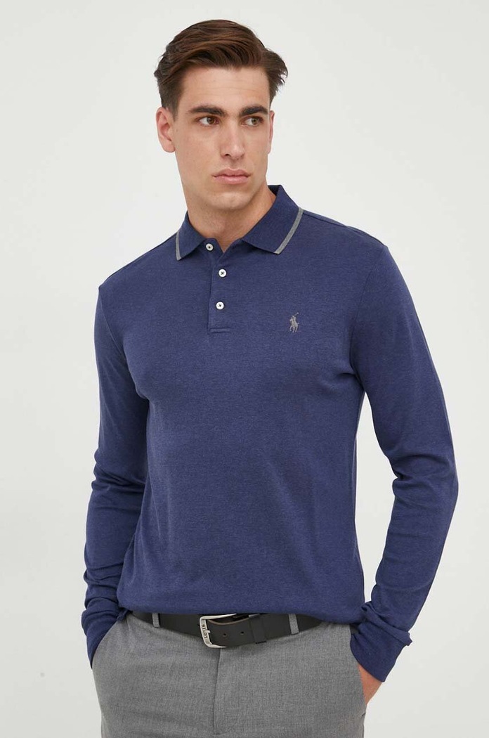 Bavlnené tričko s dlhým rukávom Polo Ralph Lauren slim tmavomodrá 710884588