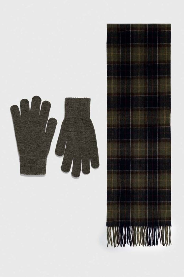 Šátek a rukavice Barbour Tartan Scarf & Glove Gift Set vlna zelená MGS0018