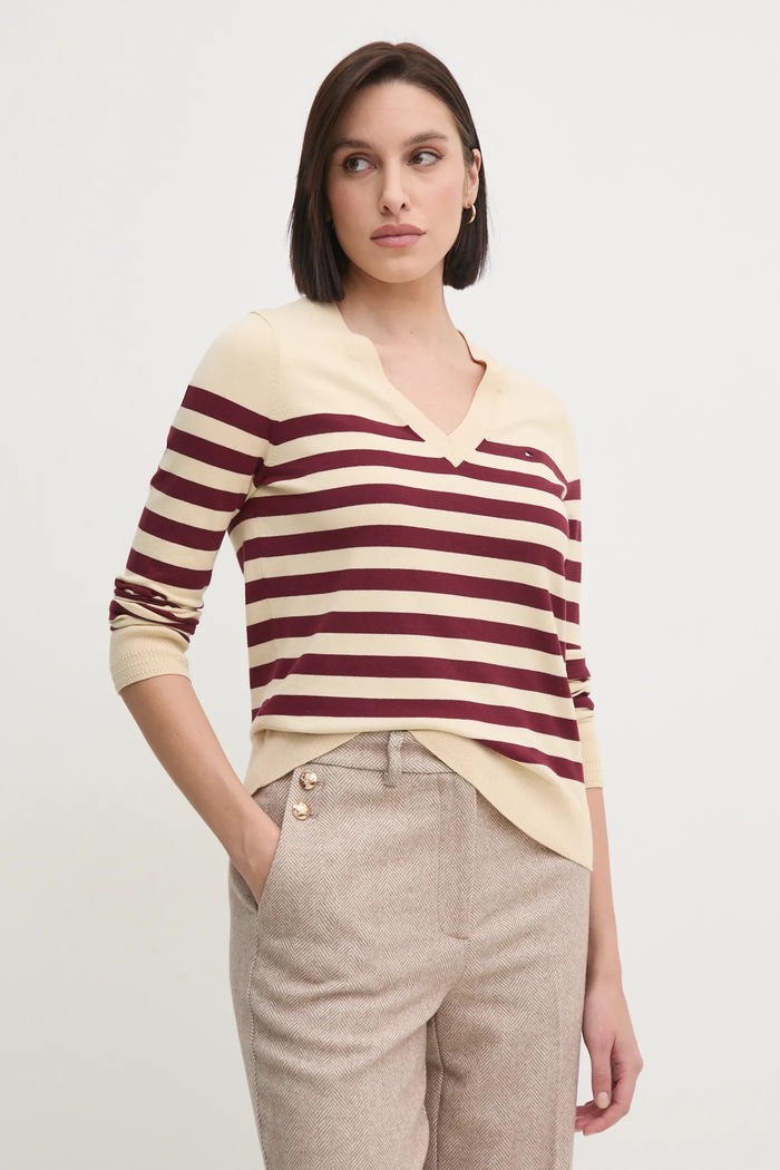 Tommy Hilfiger svetr dámský s bavlnou V výstřih béžová WW0WW40098