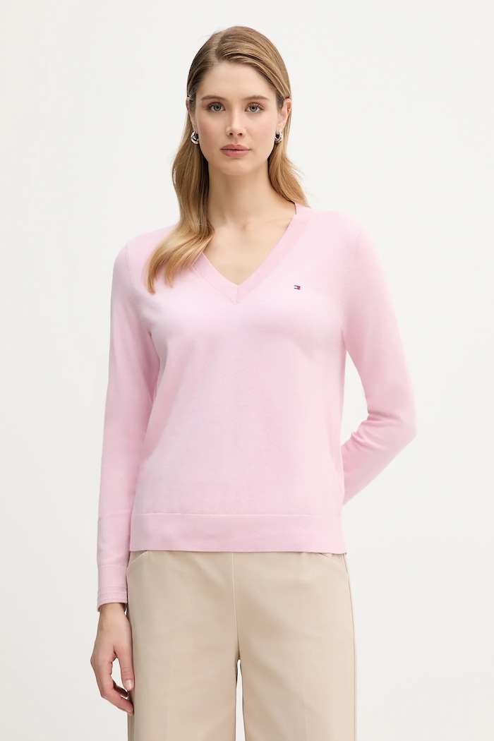 Tommy Hilfiger pulover ženski z bombažem Tanka roza WW0WW40098