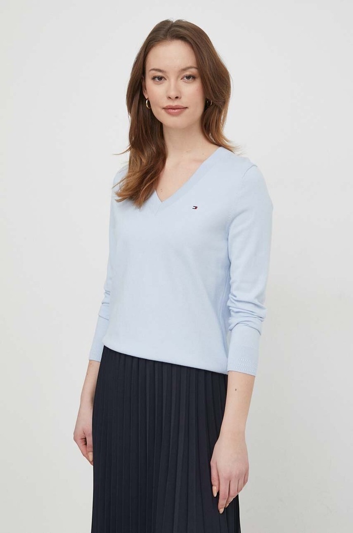 Tommy Hilfiger svetr dámský s bavlnou V výstřih modrá WW0WW40098