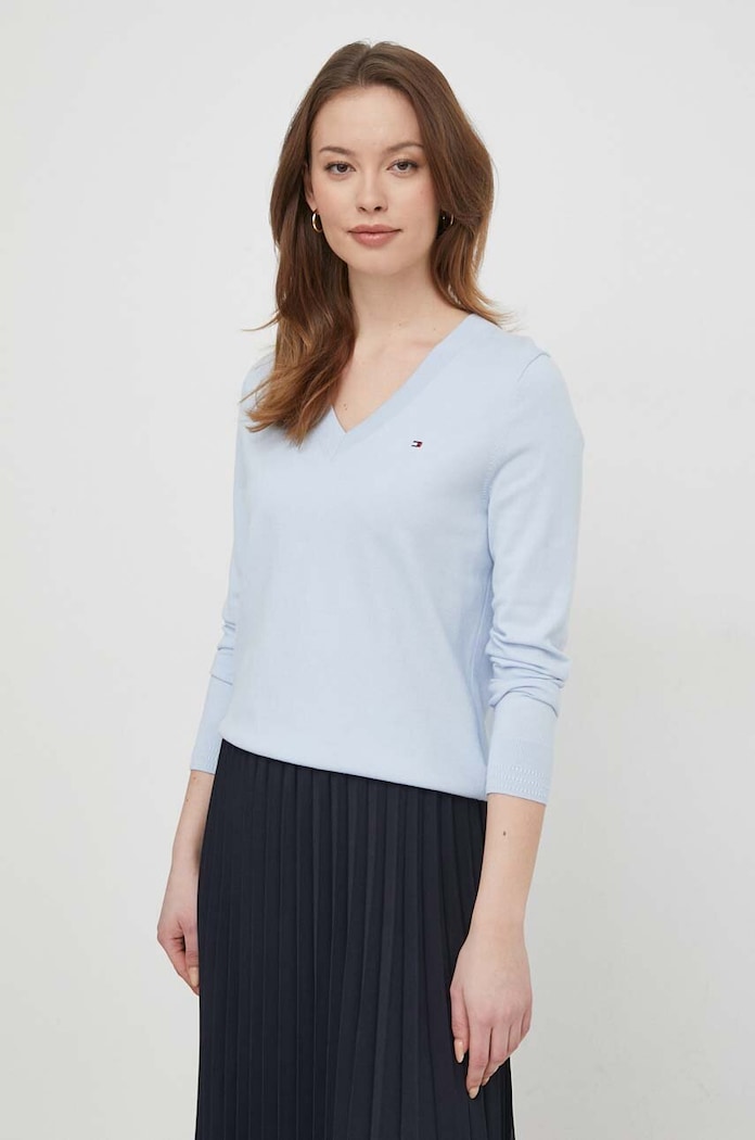 Tommy Hilfiger svetr dámský s bavlnou V výstřih modrá WW0WW40098