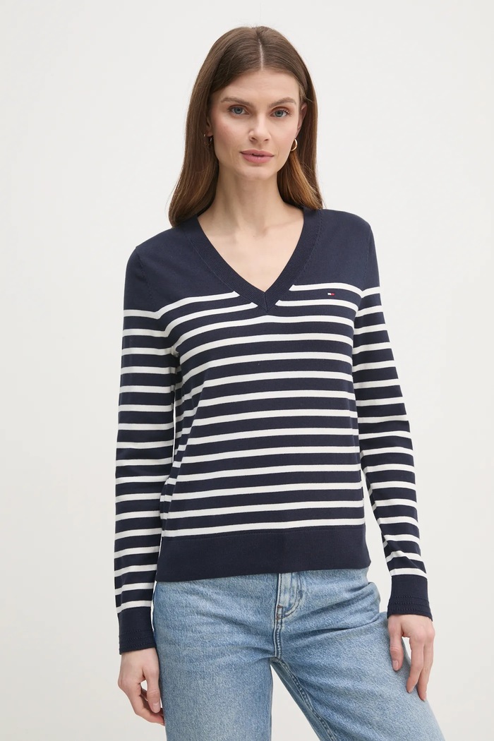 Svetr Tommy Hilfiger V výstřih námořnická modř WW0WW40098