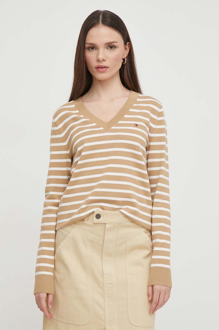 Tommy Hilfiger svetr dámský s bavlnou V výstřih hnědá WW0WW40098