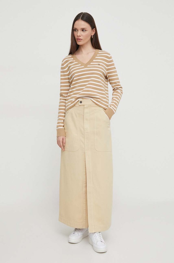 Tommy Hilfiger svetr dámský s bavlnou WW0WW40098 hnědá SS26