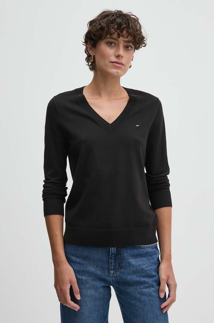 Tommy Hilfiger πουλόβερ γυναικείο με βαμβάκι μαύρο WW0WW40098