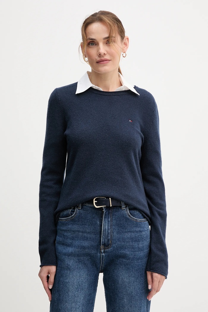 Volnen pulover Tommy Hilfiger Tanka mornarsko modra WW0WW40264