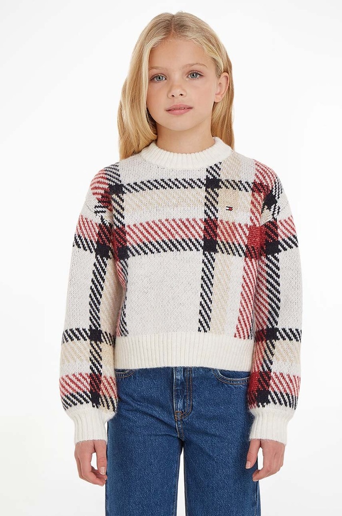 Detský sveter s prímesou vlny Tommy Hilfiger s prímesou vlny biela KG0KG07469.128.176.9BYX
