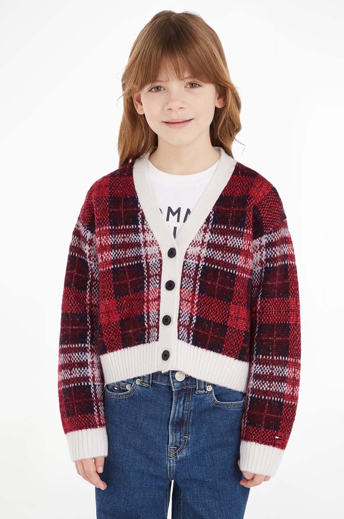 Tommy Hilfiger kardigan z domieszką wełny dziecięcy z domieszką wełny czerwony KG0KG07635.128.176.9BYX