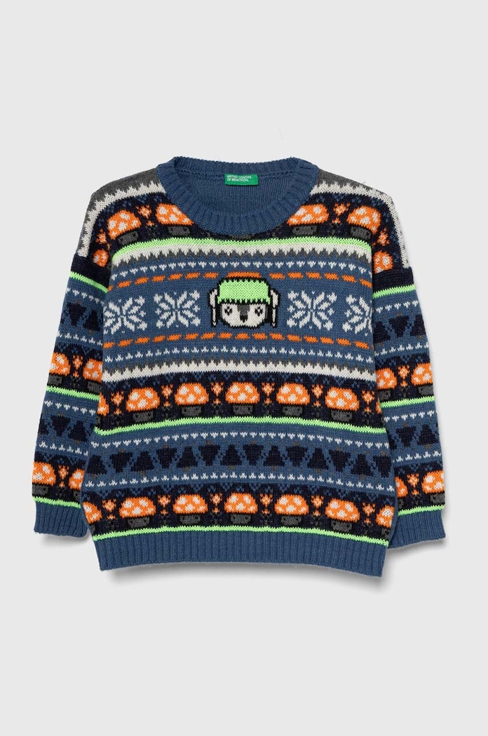 United Colors of Benetton gyerek gyapjúkeverékből készült pulóver mintás kék 1176H101L.P.SEASONAL