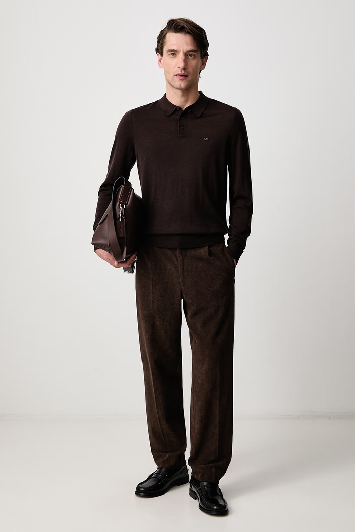Michael Kors Sweter męski z wełny merino CF260727AP brązowy AW23