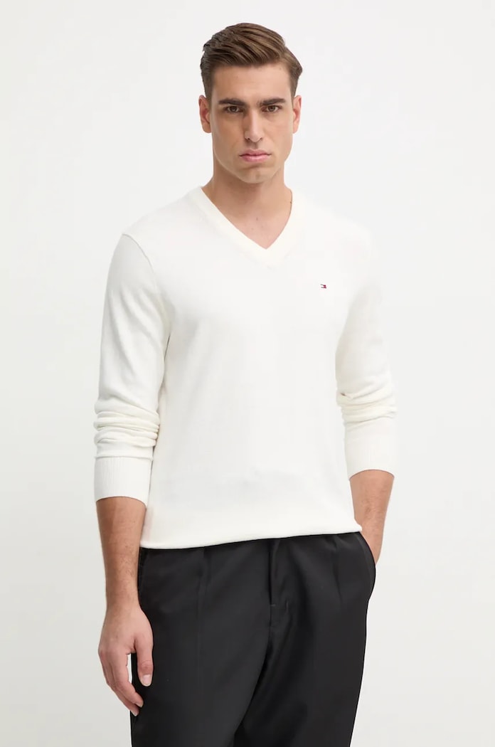 Tommy Hilfiger sweter z domieszką kaszmiru szpic beżowy MW0MW28047