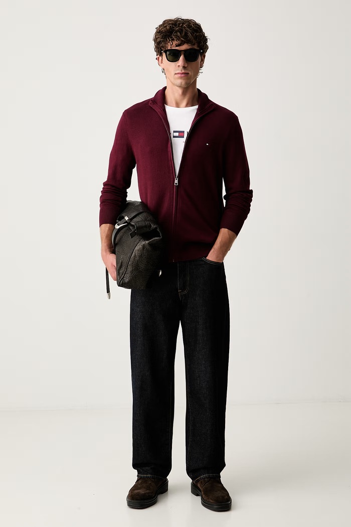 Tommy Hilfiger sweter rozpinany męski z bawełną MW0MW28050 bordowy AW25