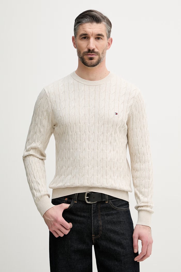 Tommy Hilfiger pulover moški bombažen bež MW0MW33132