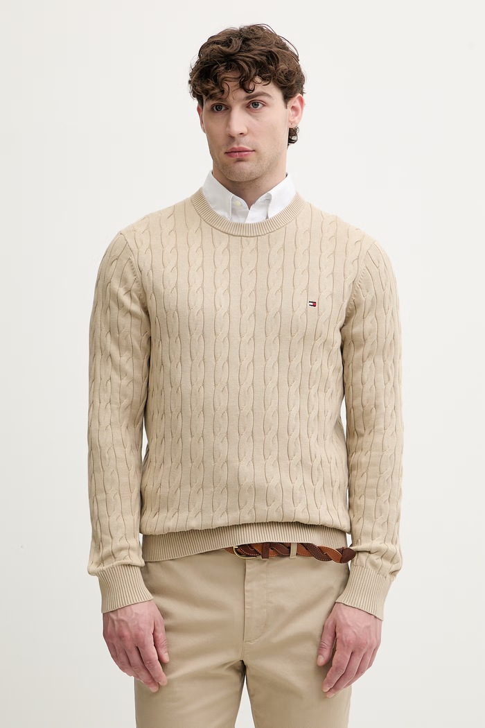 Tommy Hilfiger pulover bărbătesc din bumbac bej MW0MW33132