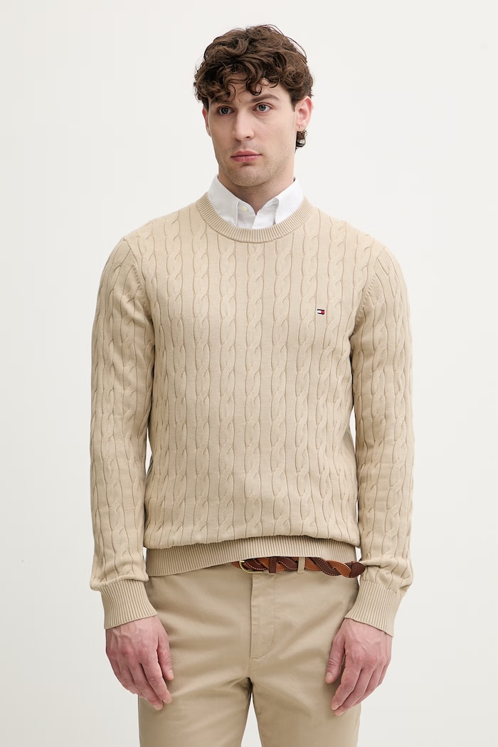 Tommy Hilfiger pulover bărbătesc din bumbac bej MW0MW33132