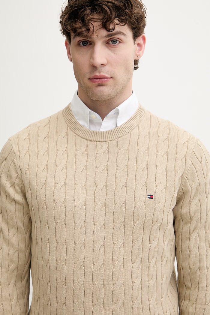 Tommy Hilfiger pulover bărbătesc din bumbac bej MW0MW33132