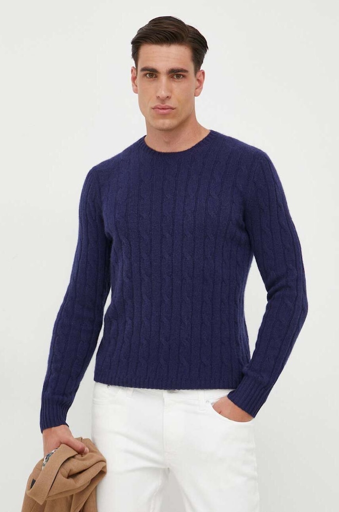 Πουλόβερ κασμίρ Polo Ralph Lauren απλό σκούρο μπλε 710876728