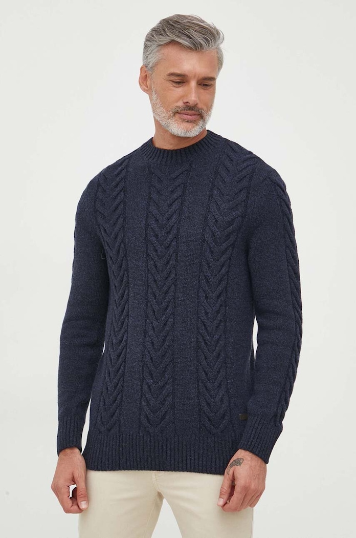 Svetr z vlněné směsi Barbour kulatý námořnická modř MKN1325