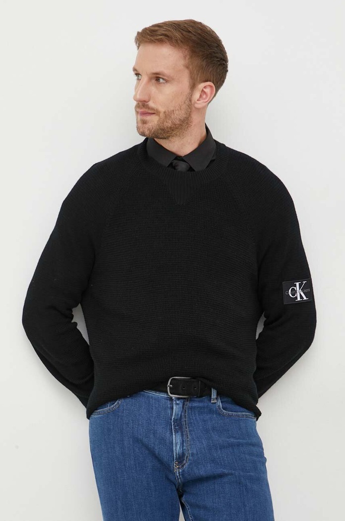 Vlněný svetr Calvin Klein Jeans kulatý černá J30J325092