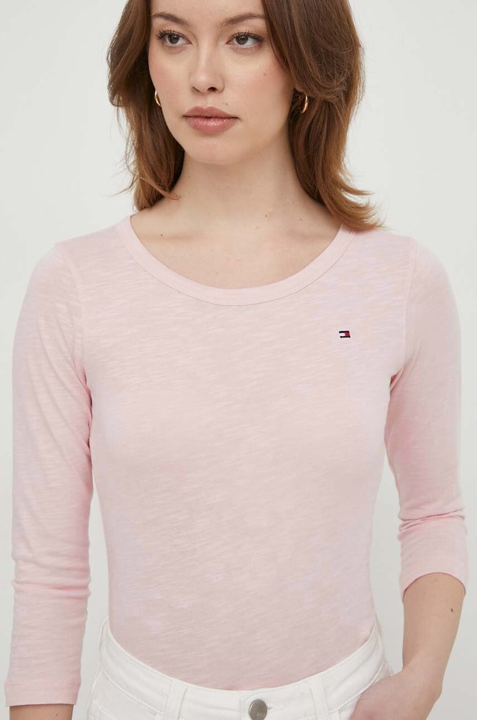 Bavlněné tričko s dlouhým rukávem Tommy Hilfiger růžová WW0WW37861
