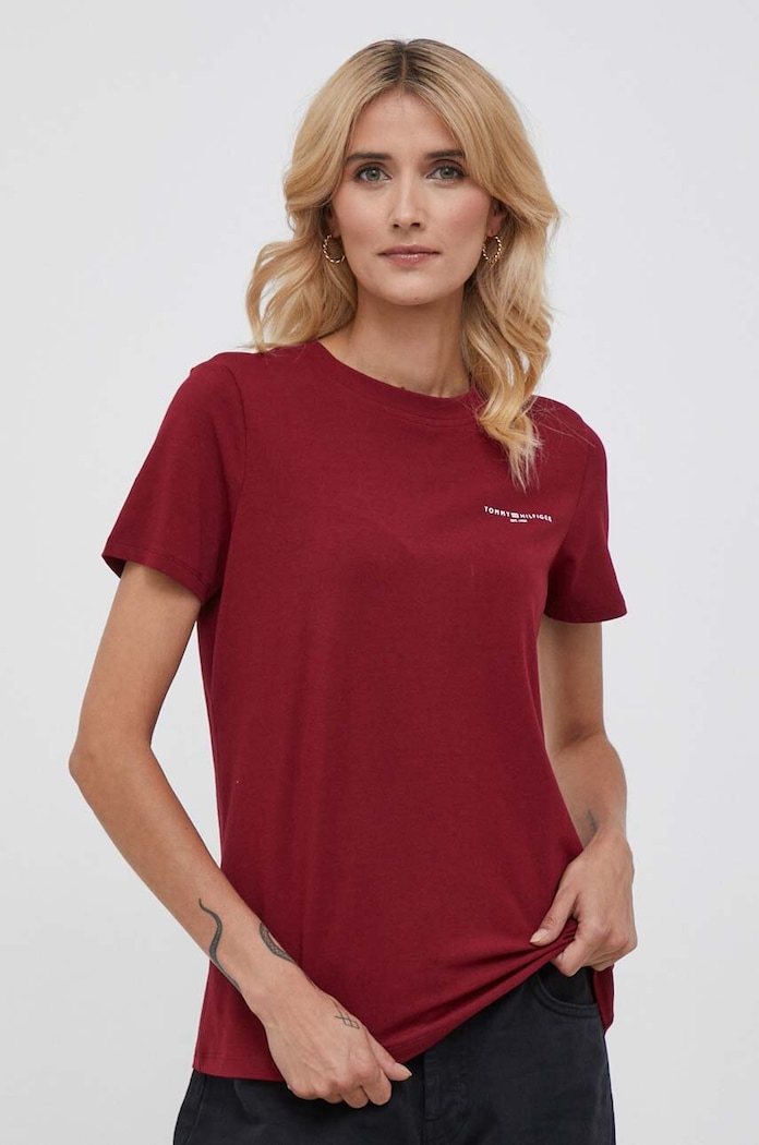 Tričko Tommy Hilfiger potlač burgundské WW0WW37877