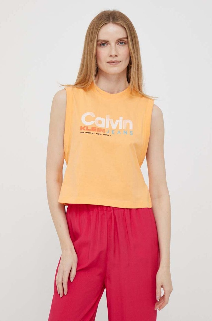 Calvin Klein Jeans Top bawełniany pomarańczowy J20J221359