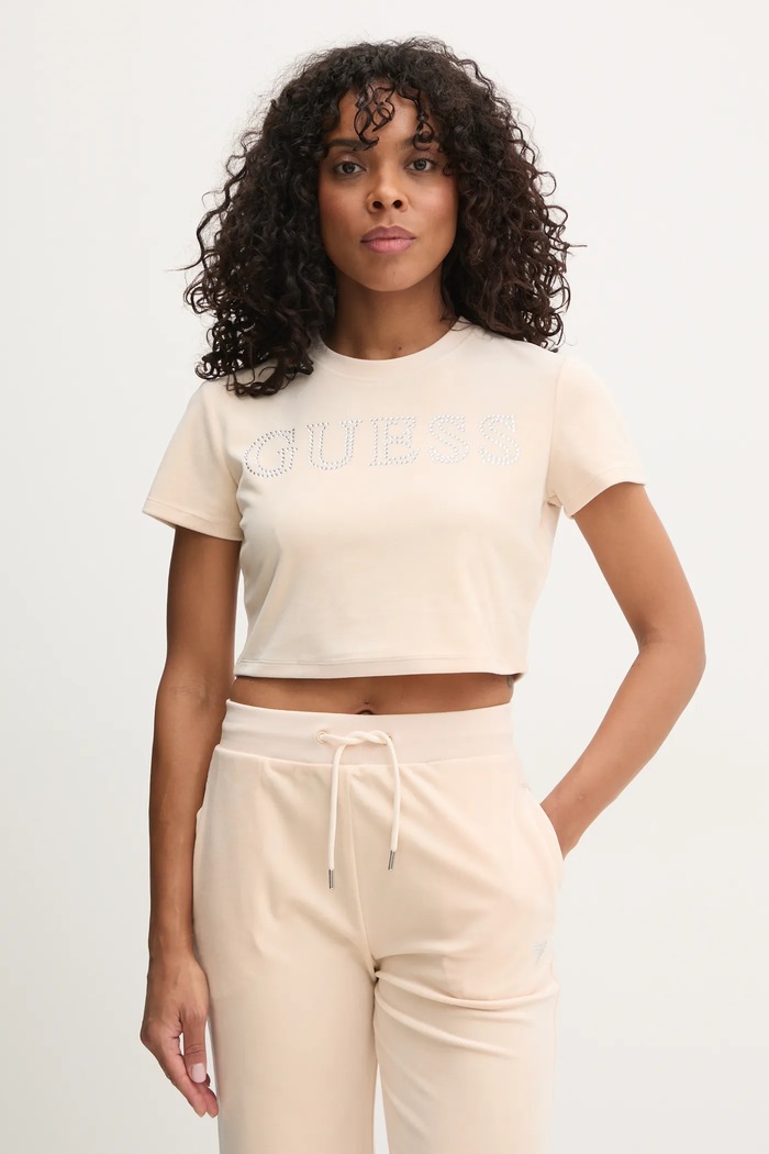 Velurové tričko Guess COUTURE nášivka béžová V3BI01.KBXI2