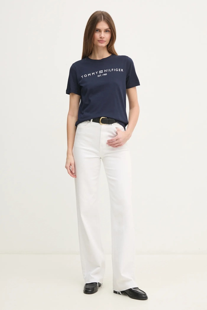 Tommy Hilfiger tricou pentru femei din bumbac WW0WW40276 bleumarin SS26