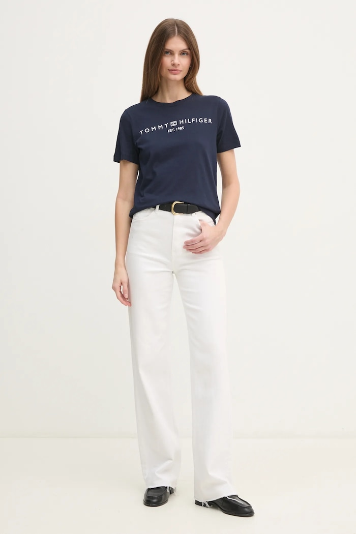 Tommy Hilfiger tricou pentru femei din bumbac WW0WW40276 bleumarin SS26