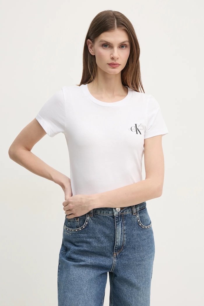 Памучна тениска Calvin Klein Jeans (2 броя) вталена бял J20J219734