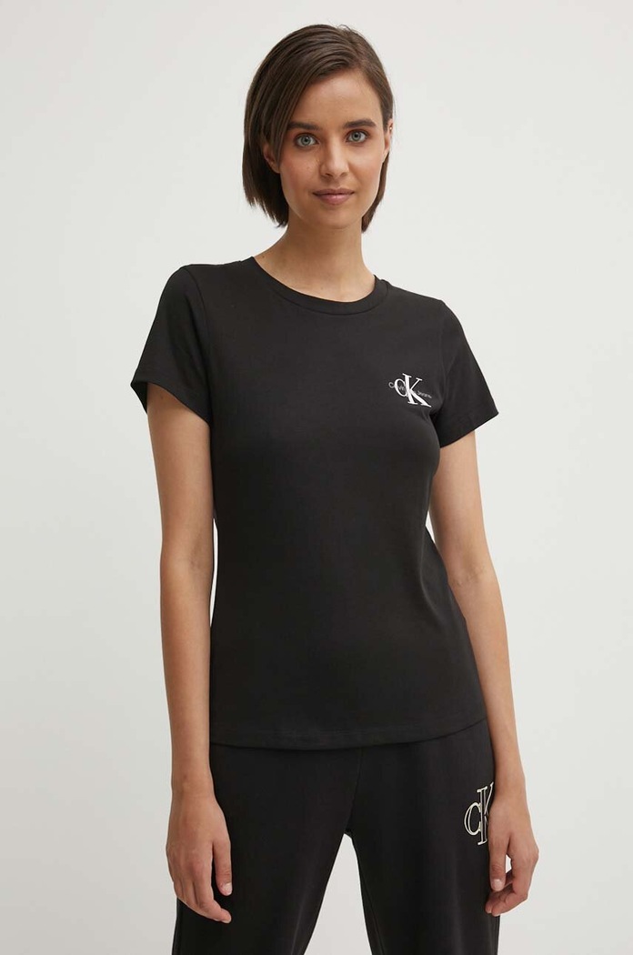 Памучна тениска Calvin Klein Jeans (2 броя) вталена черен J20J219734