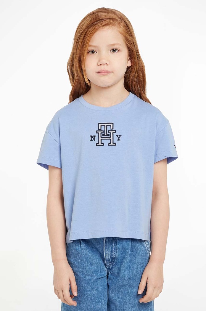 Tommy Hilfiger t-shirt bawełniany dziecięcy aplikacja niebieski KG0KG07437.128.176.9BYX