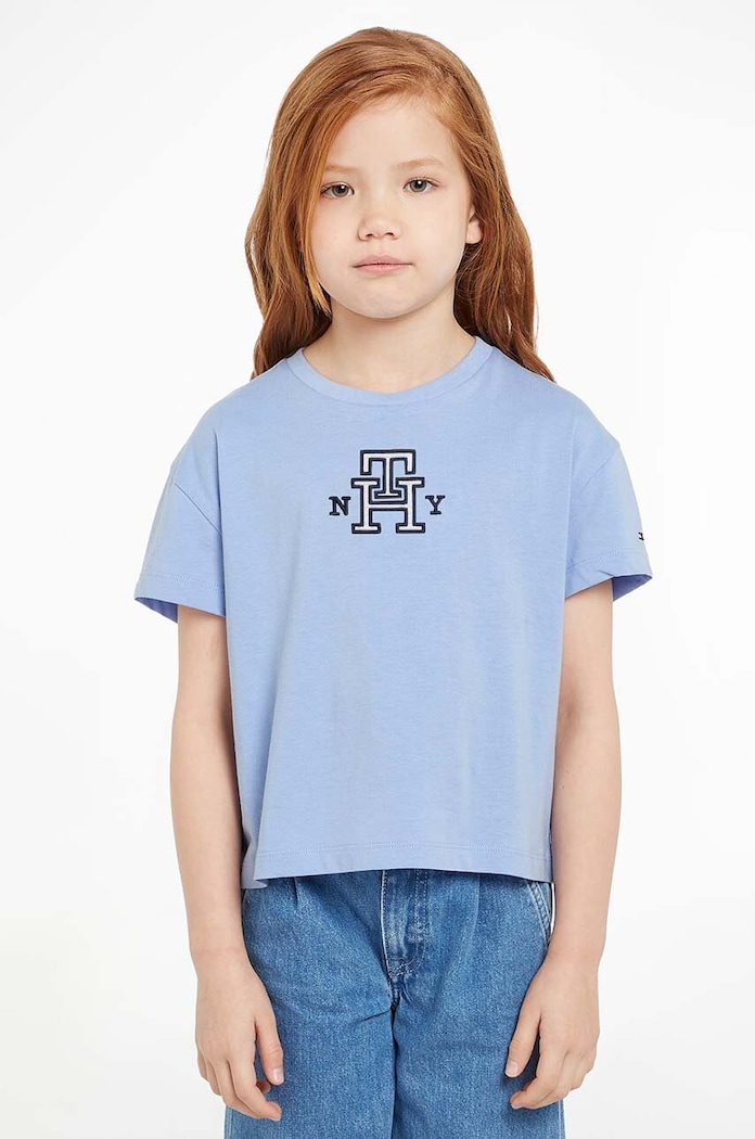 Tommy Hilfiger t-shirt bawełniany dziecięcy aplikacja niebieski KG0KG07437.128.176.9BYX
