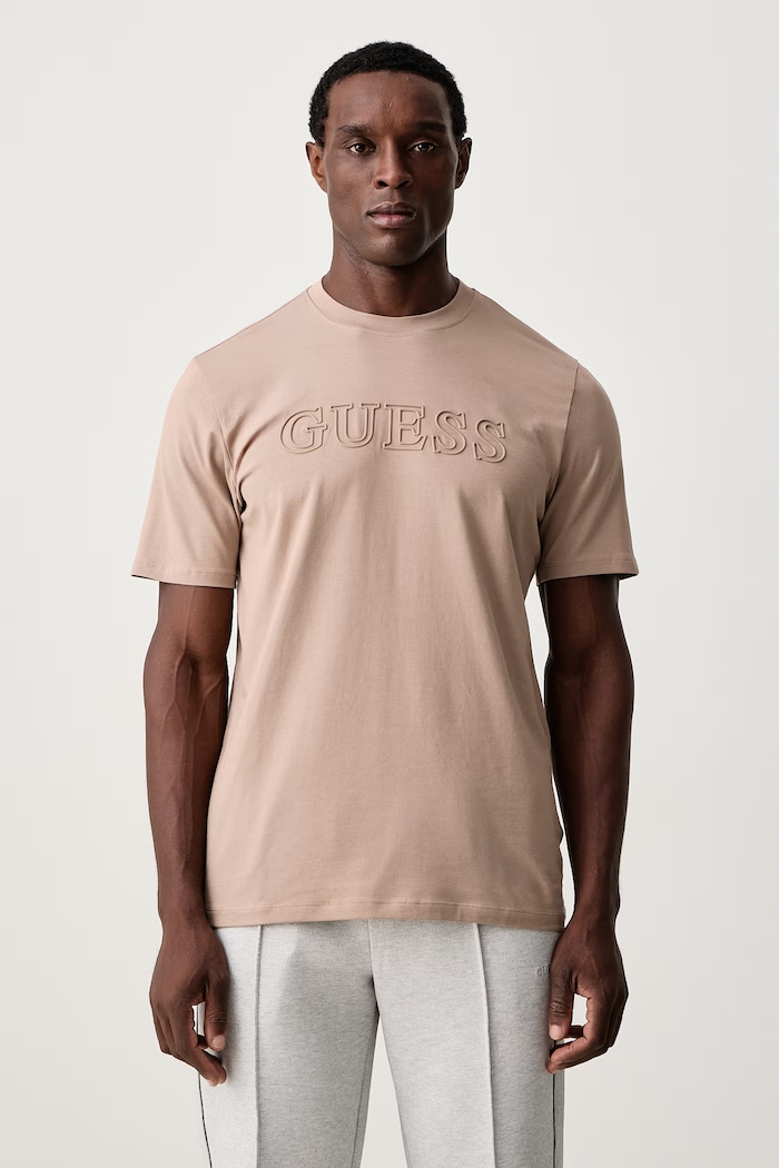Guess T-shirt męski bawełniany z elastanem ALPHY beżowy Z2YI11.J1314