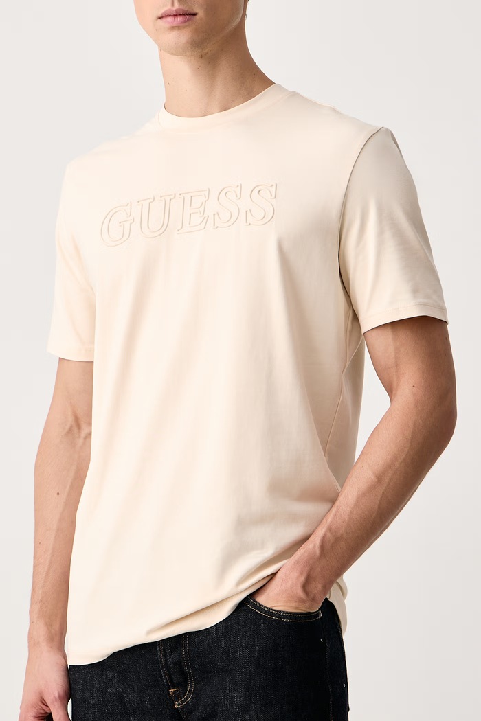Oblačila Guess Kratka majica moška bombažna z elastanom ALPHY Z2YI11.J1314 bež